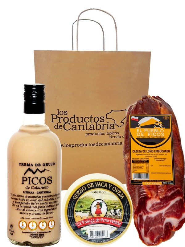 LOTE 10 Orujo Crema Picos de Cabariezo, Queso mezcla Peña Pelada, Cabecero de lomo Pueblo de Picos LOTE 10 Orujo Crema Picos de Cabariezo, Queso mezcla Peña Pelada, Cabecero de lomo Pueblo de Picos